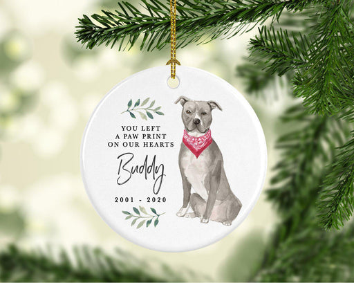 Custom Round Ceramic Christmas Dog Memorial Ornament, You Left A Paw Print On Our Hearts, Design 1-Set of 1-Andaz Press-American Staffordshire Terrier-