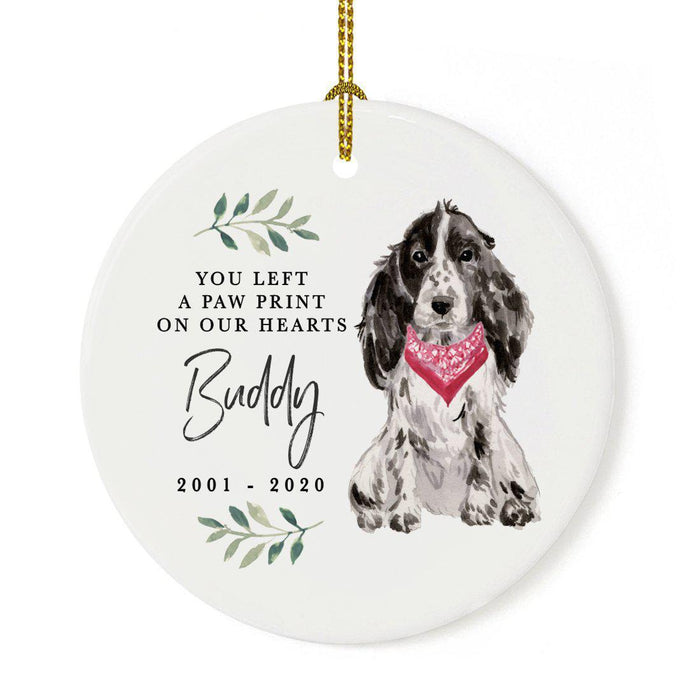 Custom Round Ceramic Christmas Dog Memorial Ornament, You Left A Paw Print On Our Hearts, Design 1-Set of 1-Andaz Press-American Staffordshire Terrier-