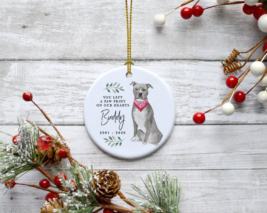 Custom Round Ceramic Christmas Dog Memorial Ornament, You Left A Paw Print On Our Hearts, Design 1-Set of 1-Andaz Press-American Staffordshire Terrier-