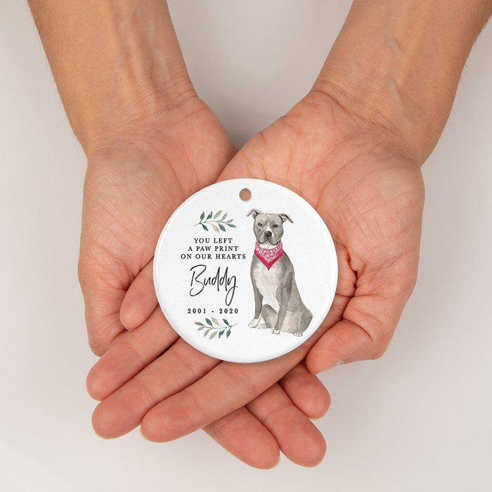 Custom Round Ceramic Christmas Dog Memorial Ornament, You Left A Paw Print On Our Hearts, Design 1-Set of 1-Andaz Press-American Staffordshire Terrier-