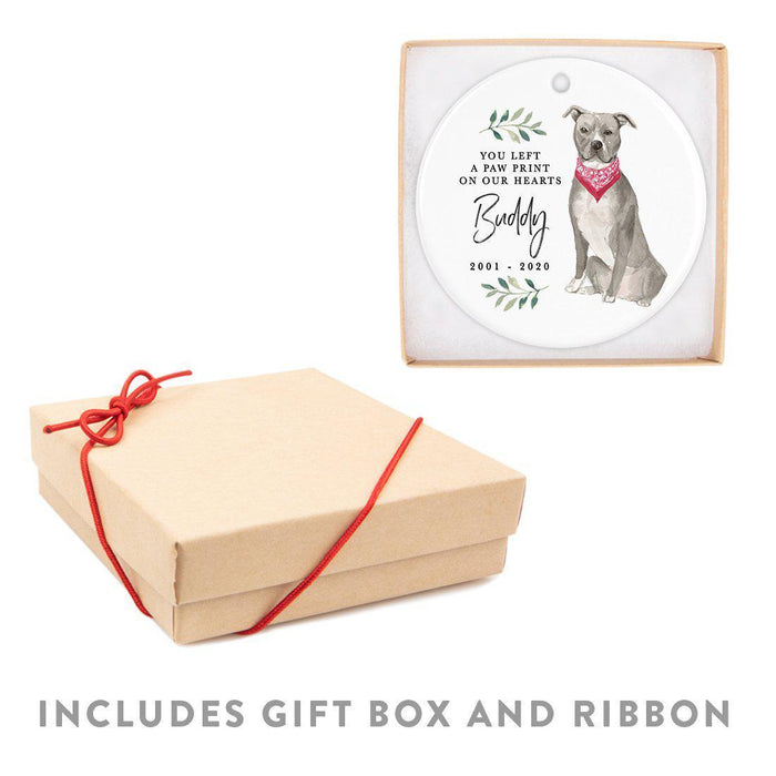 Custom Round Ceramic Christmas Dog Memorial Ornament, You Left A Paw Print On Our Hearts, Design 1-Set of 1-Andaz Press-American Staffordshire Terrier-