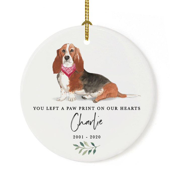 Custom Round Ceramic Christmas Dog Memorial Ornament, You Left A Paw Print On Our Hearts, Design 1-Set of 1-Andaz Press-Basset Hound-