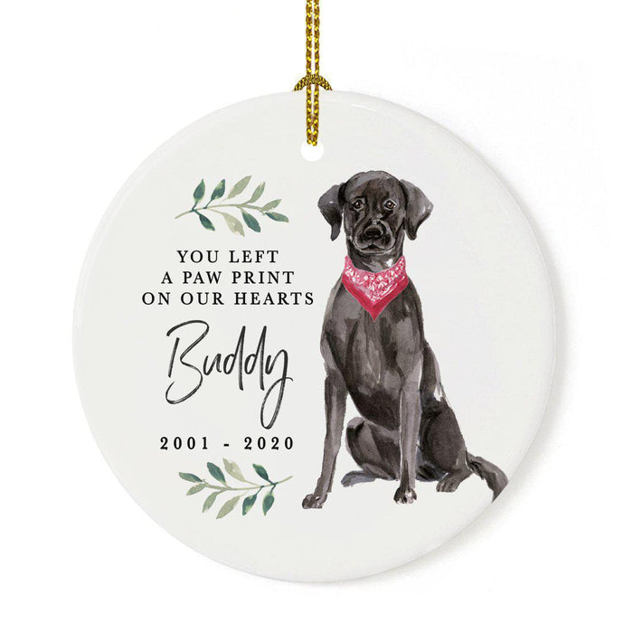 Custom Round Ceramic Christmas Dog Memorial Ornament, You Left A Paw Print On Our Hearts, Design 1-Set of 1-Andaz Press-Black Lab-
