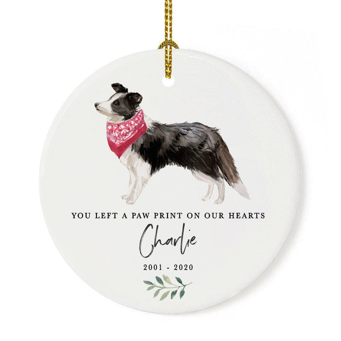 Custom Round Ceramic Christmas Dog Memorial Ornament, You Left A Paw Print On Our Hearts, Design 1-Set of 1-Andaz Press-Border Collie-