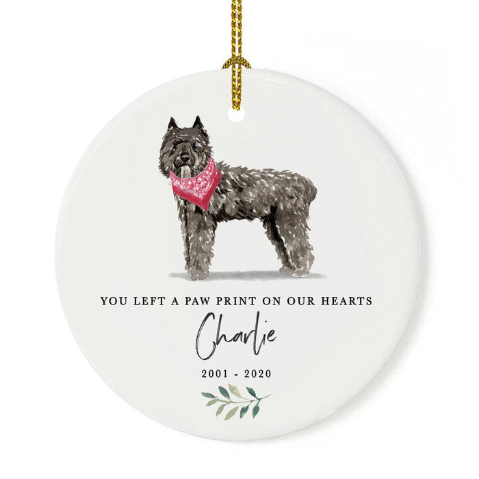 Custom Round Ceramic Christmas Dog Memorial Ornament, You Left A Paw Print On Our Hearts, Design 1-Set of 1-Andaz Press-Bouvier Des Flandres-