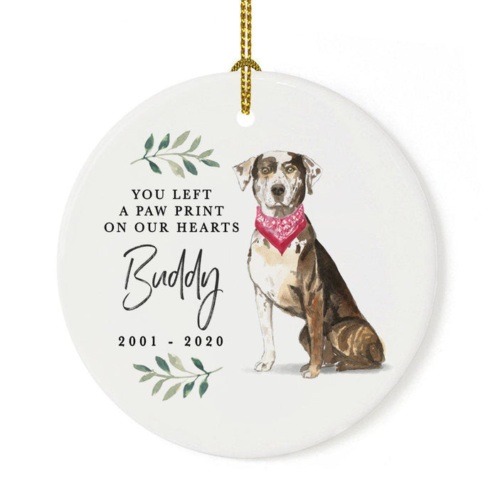 Custom Round Ceramic Christmas Dog Memorial Ornament, You Left A Paw Print On Our Hearts, Design 1-Set of 1-Andaz Press-Catahoula Leopard-