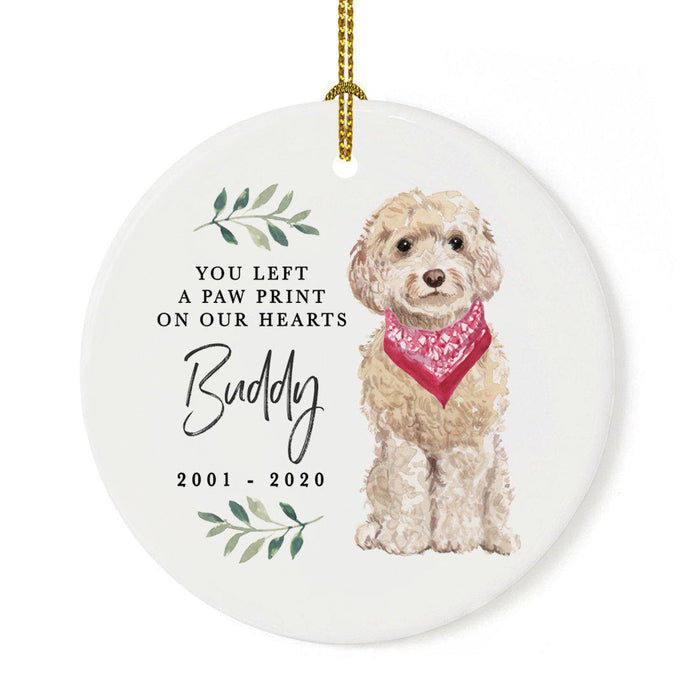 Custom Round Ceramic Christmas Dog Memorial Ornament, You Left A Paw Print On Our Hearts, Design 1-Set of 1-Andaz Press-Champagne Cockapoo-
