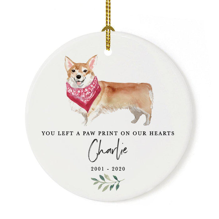 Custom Round Ceramic Christmas Dog Memorial Ornament, You Left A Paw Print On Our Hearts, Design 1-Set of 1-Andaz Press-Corgi-