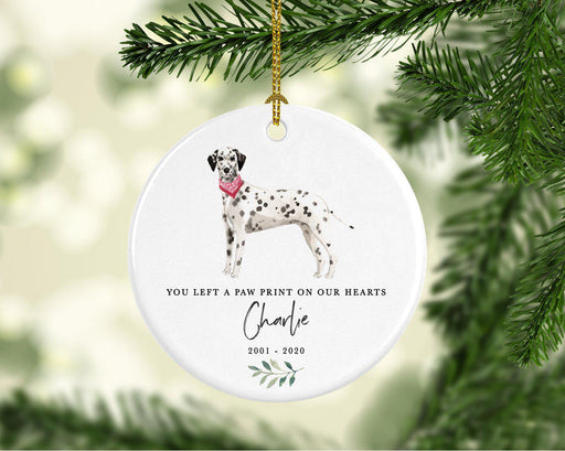 Custom Round Ceramic Christmas Dog Memorial Ornament, You Left A Paw Print On Our Hearts, Design 2-Set of 1-Andaz Press-Dalmatian-