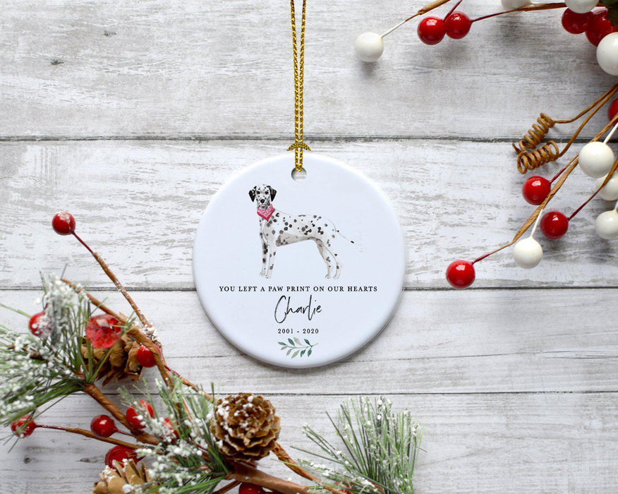 Custom Round Ceramic Christmas Dog Memorial Ornament, You Left A Paw Print On Our Hearts, Design 2-Set of 1-Andaz Press-Dalmatian-