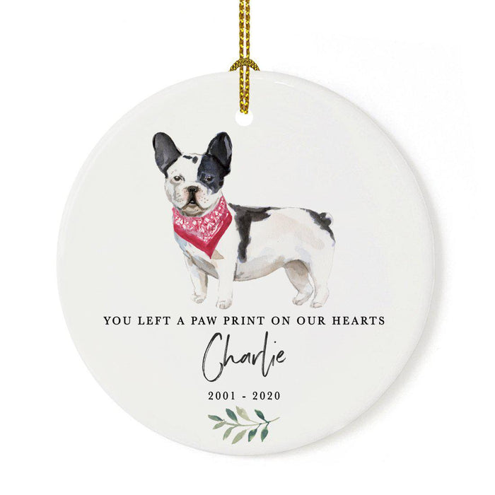 Custom Round Ceramic Christmas Dog Memorial Ornament, You Left A Paw Print On Our Hearts, Design 2-Set of 1-Andaz Press-Black & White French Bulldog-