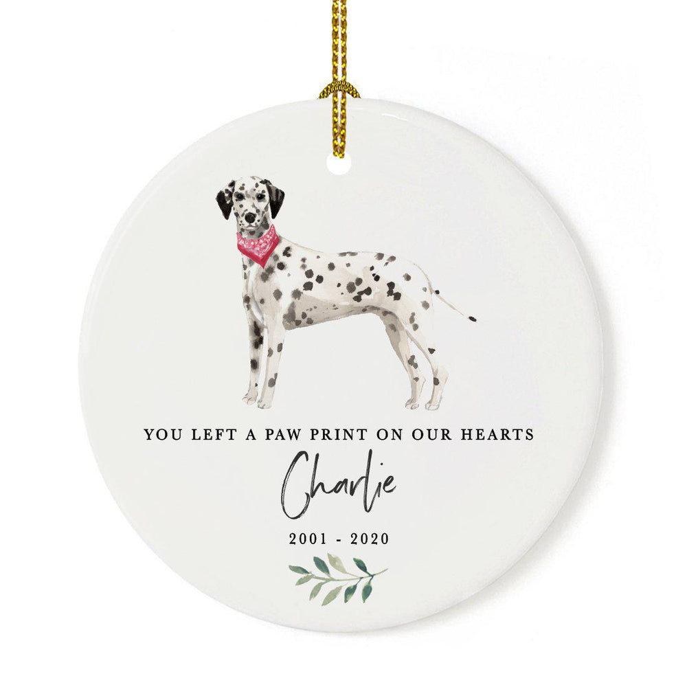Custom Round Ceramic Christmas Dog Memorial Ornament, You Left A Paw Print On Our Hearts, Design 2-Set of 1-Andaz Press-Dalmatian-