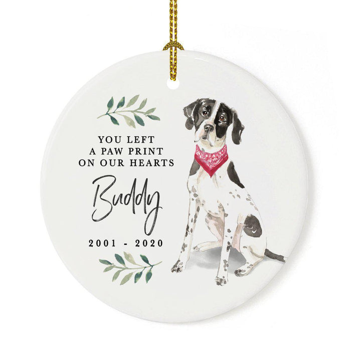 Custom Round Ceramic Christmas Dog Memorial Ornament, You Left A Paw Print On Our Hearts, Design 2-Set of 1-Andaz Press-English Pointer-
