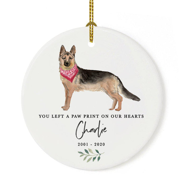 Custom Round Ceramic Christmas Dog Memorial Ornament, You Left A Paw Print On Our Hearts, Design 2-Set of 1-Andaz Press-German Shepherd-