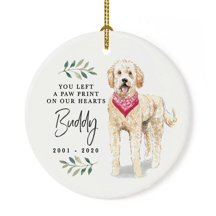 Custom Round Ceramic Christmas Dog Memorial Ornament, You Left A Paw Print On Our Hearts, Design 2-Set of 1-Andaz Press-Golden Doodle-