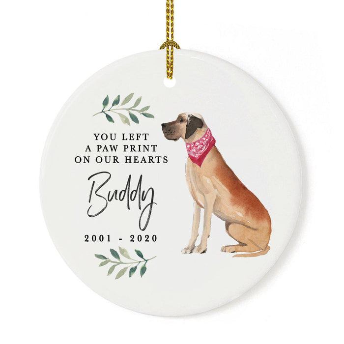 Custom Round Ceramic Christmas Dog Memorial Ornament, You Left A Paw Print On Our Hearts, Design 2-Set of 1-Andaz Press-Great Dane-