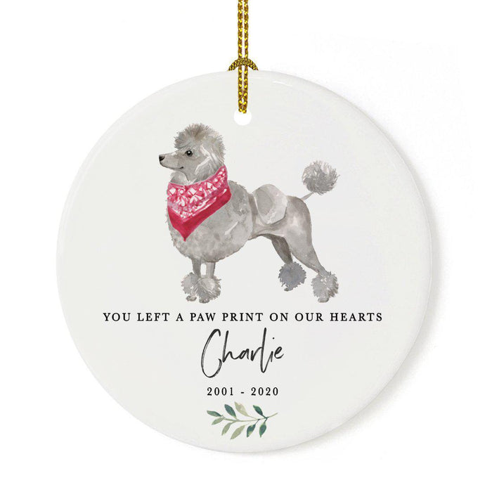 Custom Round Ceramic Christmas Dog Memorial Ornament, You Left A Paw Print On Our Hearts, Design 2-Set of 1-Andaz Press-Grey Poodle-