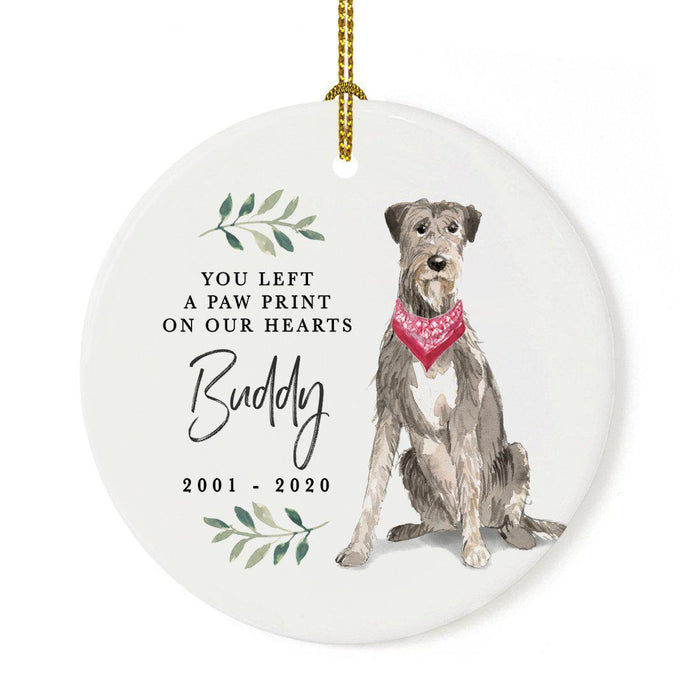 Custom Round Ceramic Christmas Dog Memorial Ornament, You Left A Paw Print On Our Hearts, Design 2-Set of 1-Andaz Press-Irish Wolf-