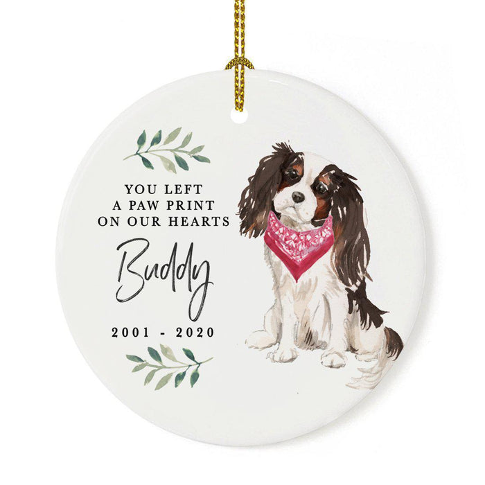 Custom Round Ceramic Christmas Dog Memorial Ornament, You Left A Paw Print On Our Hearts, Design 2-Set of 1-Andaz Press-King Charles Spaniel-