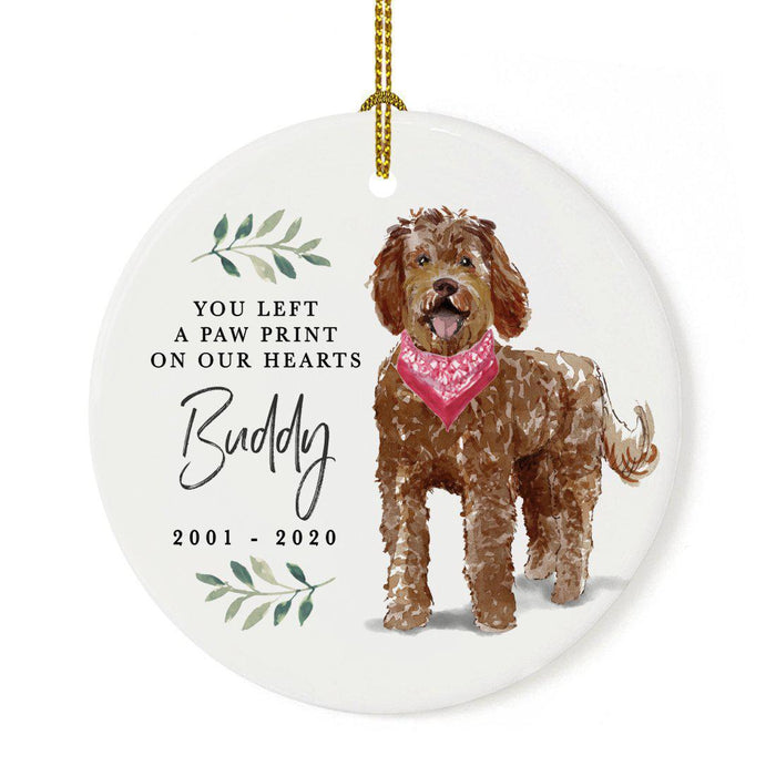 Custom Round Ceramic Christmas Dog Memorial Ornament, You Left A Paw Print On Our Hearts, Design 2-Set of 1-Andaz Press-Labradoodle-