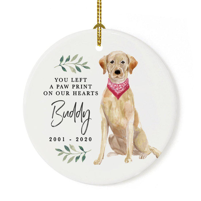 Custom Round Ceramic Christmas Dog Memorial Ornament, You Left A Paw Print On Our Hearts, Design 2-Set of 1-Andaz Press-Labrador Retriever-