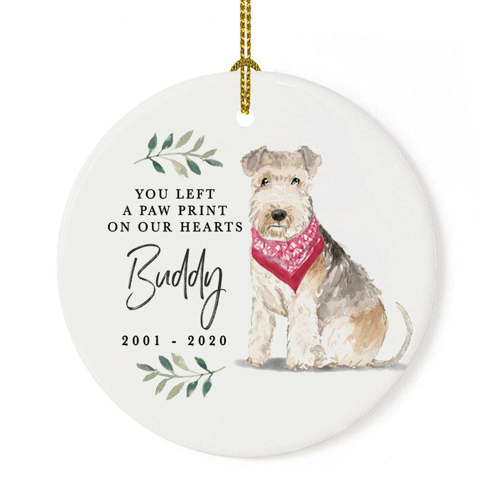 Custom Round Ceramic Christmas Dog Memorial Ornament, You Left A Paw Print On Our Hearts, Design 2-Set of 1-Andaz Press-Lakeland Terrier-