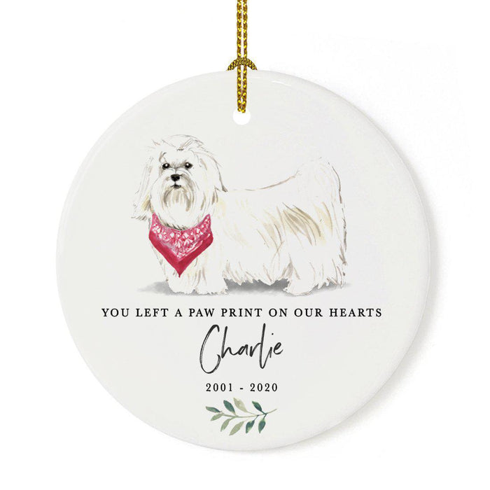 Custom Round Ceramic Christmas Dog Memorial Ornament, You Left A Paw Print On Our Hearts, Design 2-Set of 1-Andaz Press-Maltese-