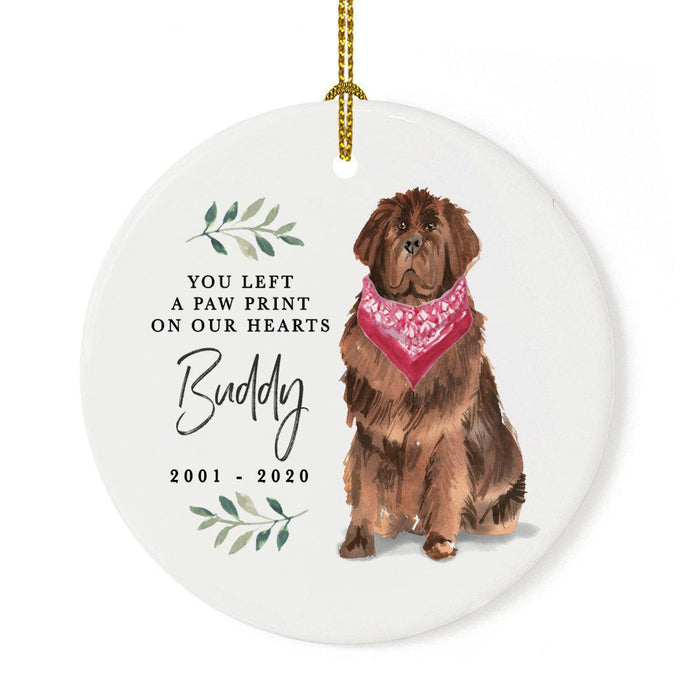 Custom Round Ceramic Christmas Dog Memorial Ornament, You Left A Paw Print On Our Hearts, Design 2-Set of 1-Andaz Press-Newfoundland-