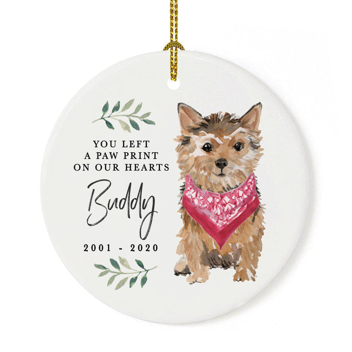 Custom Round Ceramic Christmas Dog Memorial Ornament, You Left A Paw Print On Our Hearts, Design 2-Set of 1-Andaz Press-Norfolk Terrier-