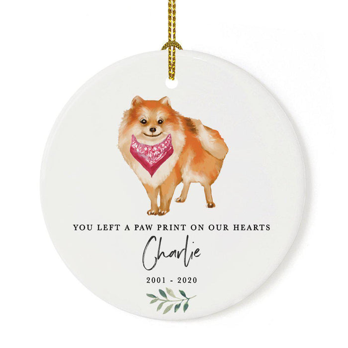 Custom Round Ceramic Christmas Dog Memorial Ornament, You Left A Paw Print On Our Hearts, Design 2-Set of 1-Andaz Press-Pomeranian-