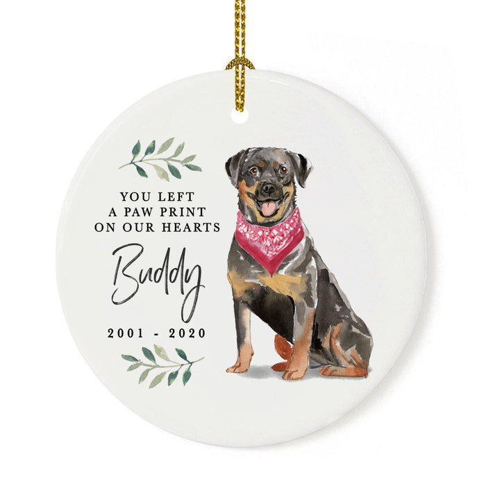 Custom Round Ceramic Christmas Dog Memorial Ornament, You Left A Paw Print On Our Hearts, Design 2-Set of 1-Andaz Press-Rottweiler-