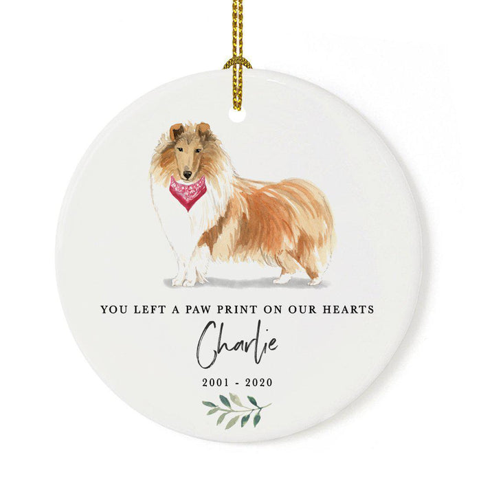 Custom Round Ceramic Christmas Dog Memorial Ornament, You Left A Paw Print On Our Hearts, Design 2-Set of 1-Andaz Press-Rough Collie-