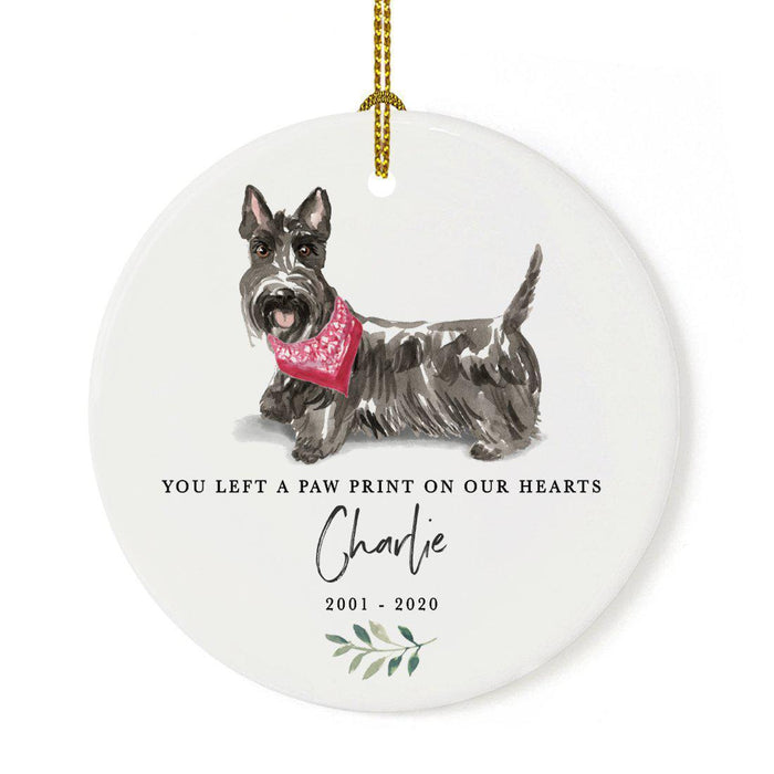 Custom Round Ceramic Christmas Dog Memorial Ornament, You Left A Paw Print On Our Hearts, Design 2-Set of 1-Andaz Press-Scottish Terrier-