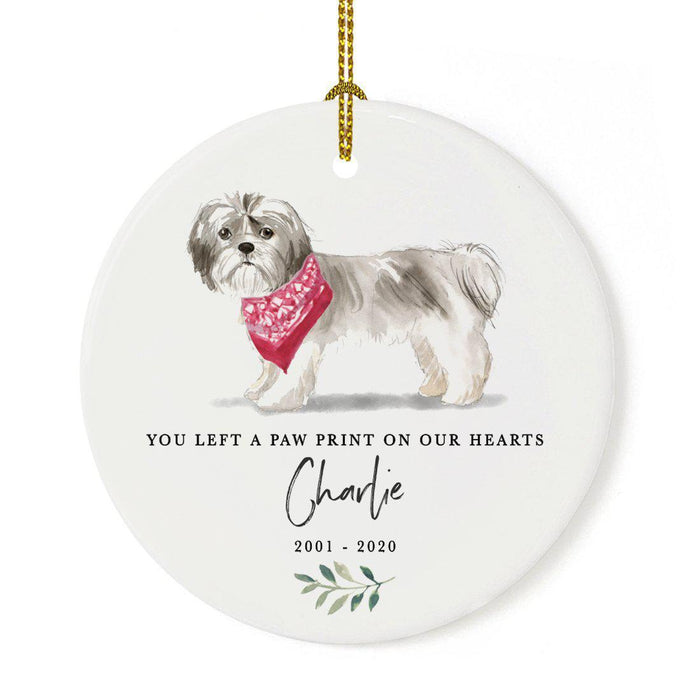 Custom Round Ceramic Christmas Dog Memorial Ornament, You Left A Paw Print On Our Hearts, Design 2-Set of 1-Andaz Press-Shih Tzu Short Hair-