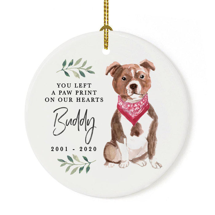 Custom Round Ceramic Christmas Dog Memorial Ornament, You Left A Paw Print On Our Hearts, Design 2-Set of 1-Andaz Press-Staffordshire Bull Terrier-
