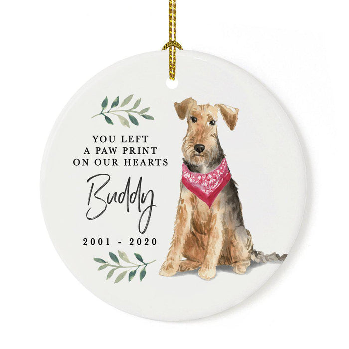 Custom Round Ceramic Christmas Dog Memorial Ornament, You Left A Paw Print On Our Hearts, Design 2-Set of 1-Andaz Press-Welsh Terrier-