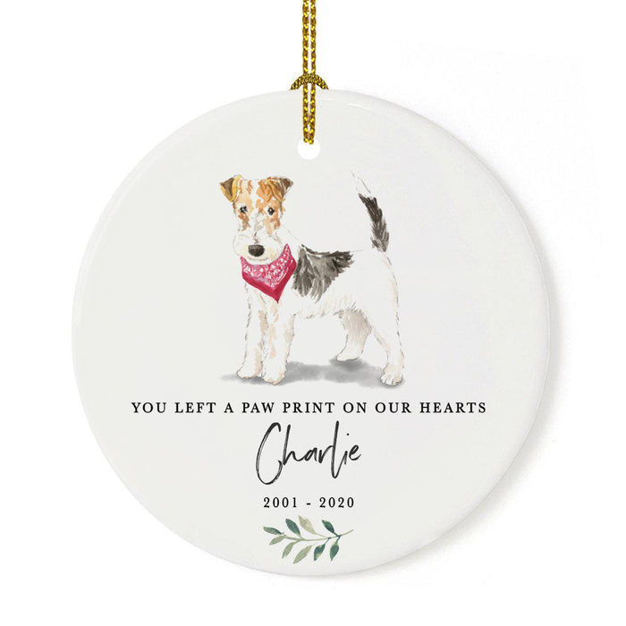 Custom Round Ceramic Christmas Dog Memorial Ornament, You Left A Paw Print On Our Hearts, Design 2-Set of 1-Andaz Press-White Haired Fox Terrier-