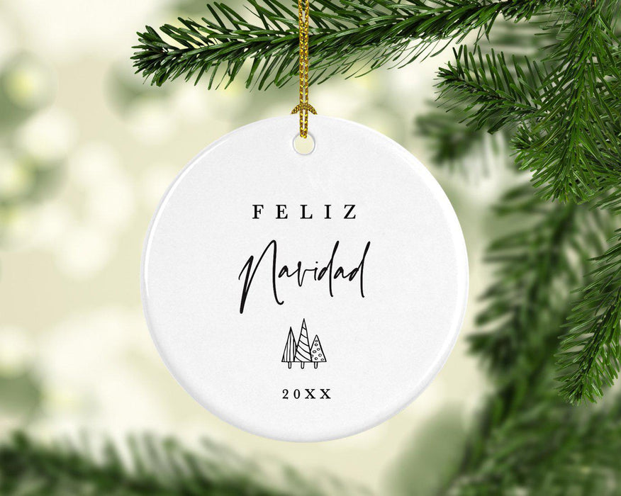Custom Round Ceramic Porcelain Christmas Tree Ornament Engagement Handdrawn-Set of 1-Andaz Press-Feliz Navidad-