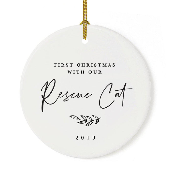 Custom Round Ceramic Porcelain Christmas Tree Ornament Engagement Handdrawn-Set of 1-Andaz Press-First Christmas With Our Rescue Cat-