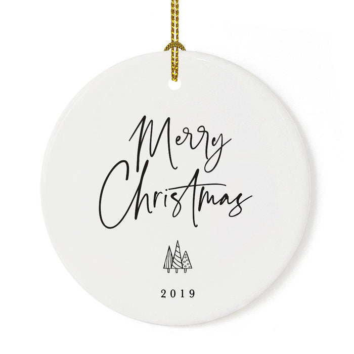 Custom Round Ceramic Porcelain Christmas Tree Ornament Engagement Handdrawn-Set of 1-Andaz Press-Merry Christmas-