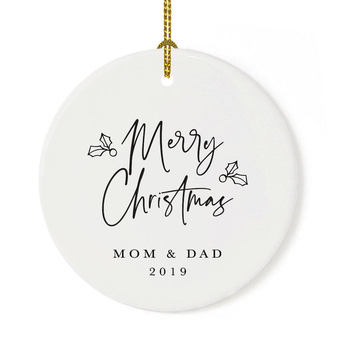 Custom Round Ceramic Porcelain Christmas Tree Ornament Engagement Handdrawn-Set of 1-Andaz Press-Mom and Dad-