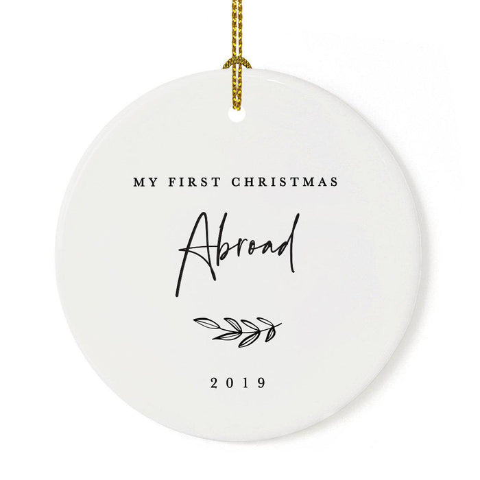 Custom Round Ceramic Porcelain Christmas Tree Ornament Engagement Handdrawn-Set of 1-Andaz Press-My First Christmas Abroad-