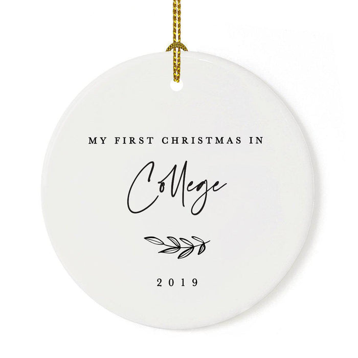 Custom Round Ceramic Porcelain Christmas Tree Ornament Engagement Handdrawn-Set of 1-Andaz Press-My First Christmas in College-