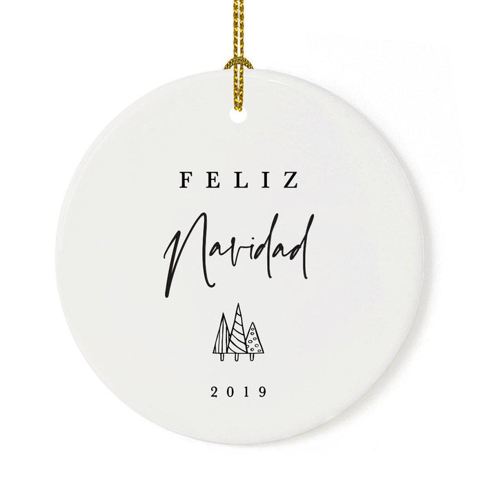 Custom Round Ceramic Porcelain Christmas Tree Ornament Engagement Handdrawn-Set of 1-Andaz Press-Feliz Navidad-