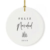 Custom Round Ceramic Porcelain Christmas Tree Ornament Engagement Handdrawn-Set of 1-Andaz Press-Feliz Navidad-