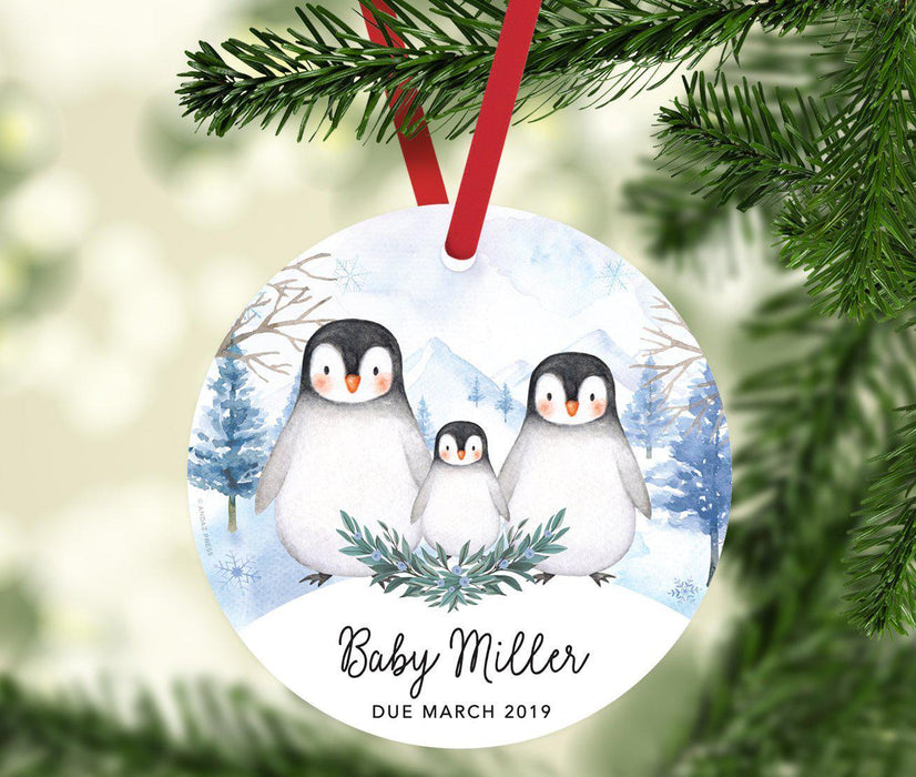 Custom Round Christmas Ornament, Baby Miller Due, Watercolor Winter Penguins on Snow-Set of 1-Andaz Press-Baby-