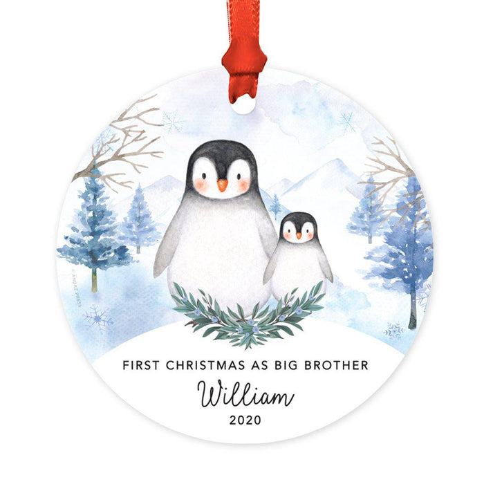 Custom Round Christmas Ornament, Baby Miller Due, Watercolor Winter Penguins on Snow-Set of 1-Andaz Press-Big Brother-