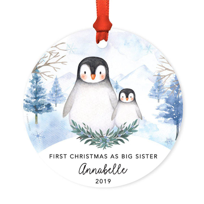 Custom Round Christmas Ornament, Baby Miller Due, Watercolor Winter Penguins on Snow-Set of 1-Andaz Press-Big Sister-