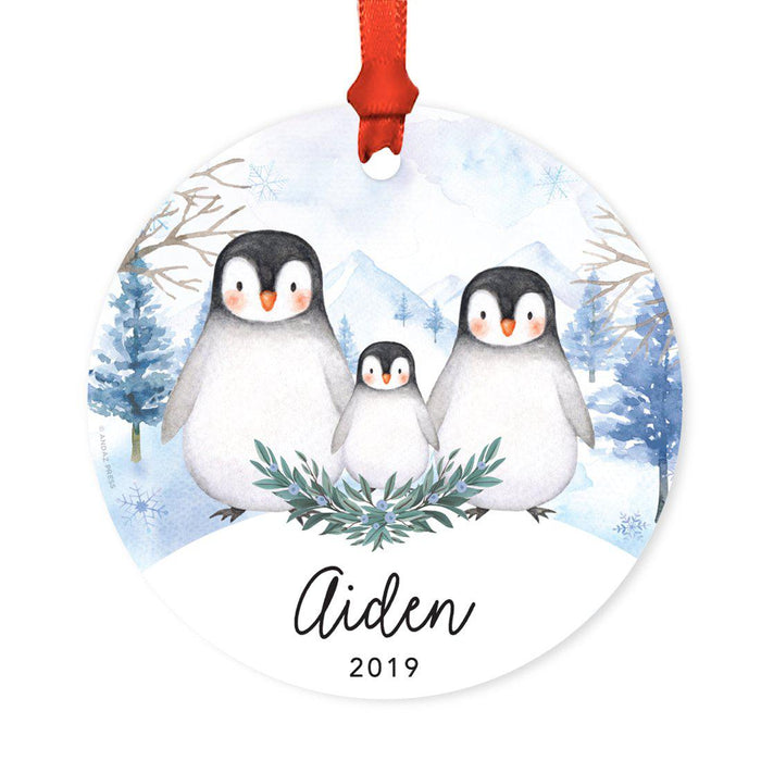 Custom Round Christmas Ornament, Baby Miller Due, Watercolor Winter Penguins on Snow-Set of 1-Andaz Press-Custom Name-
