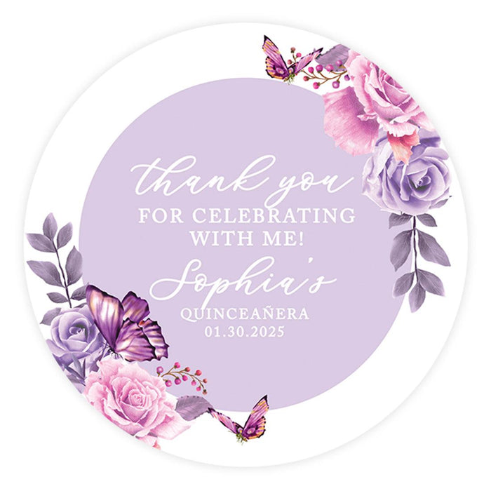 Custom Round Circle Quinceañera Labels, Sticker for Sweet 15, Set of 40-Set of 40-Andaz Press-Blue Butterflies & Florals-